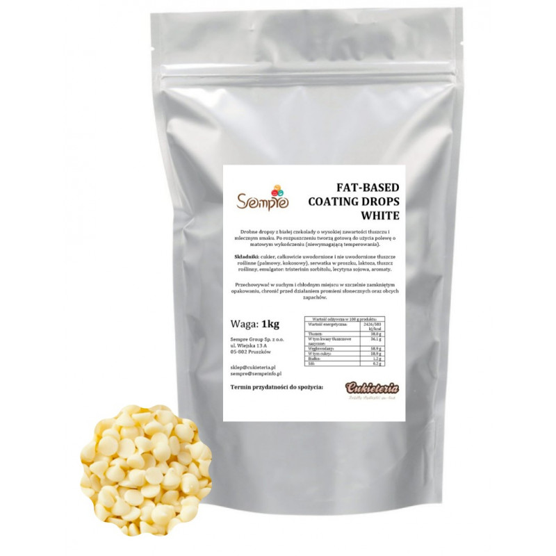 1kg FAT-BASED COATING DROPS WHITE drobne dropsy z BIAŁEJ czekolady (polewa niewymagająca temperowania) Dawn 1kg FAT-BASED COATING DROPS WHITE drobne dropsy z BIAŁEJ czekolady (polewa niewymagająca temperowania) Dawn