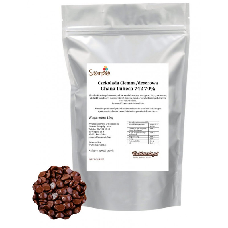 1kg Czekolada CIEMNA/DESEROWA Ghana 70% 742 Lubeca 1kg Czekolada CIEMNA/DESEROWA Ghana 70% 742 Lubeca