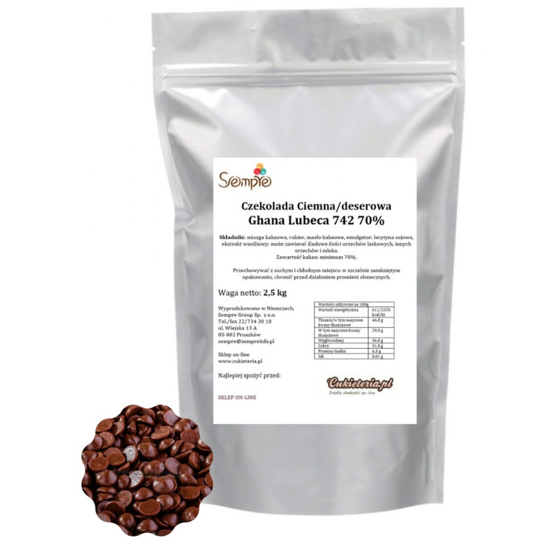 2,5kg Czekolada CIEMNA/DESEROWA Ghana 70% 742 Lubeca 2,5kg Czekolada CIEMNA/DESEROWA Ghana 70% 742 Lubeca