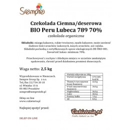2,5kg Czekolada CIEMNA/DESEROWA Organiczna BIO PERU 70% 789 Lubeca