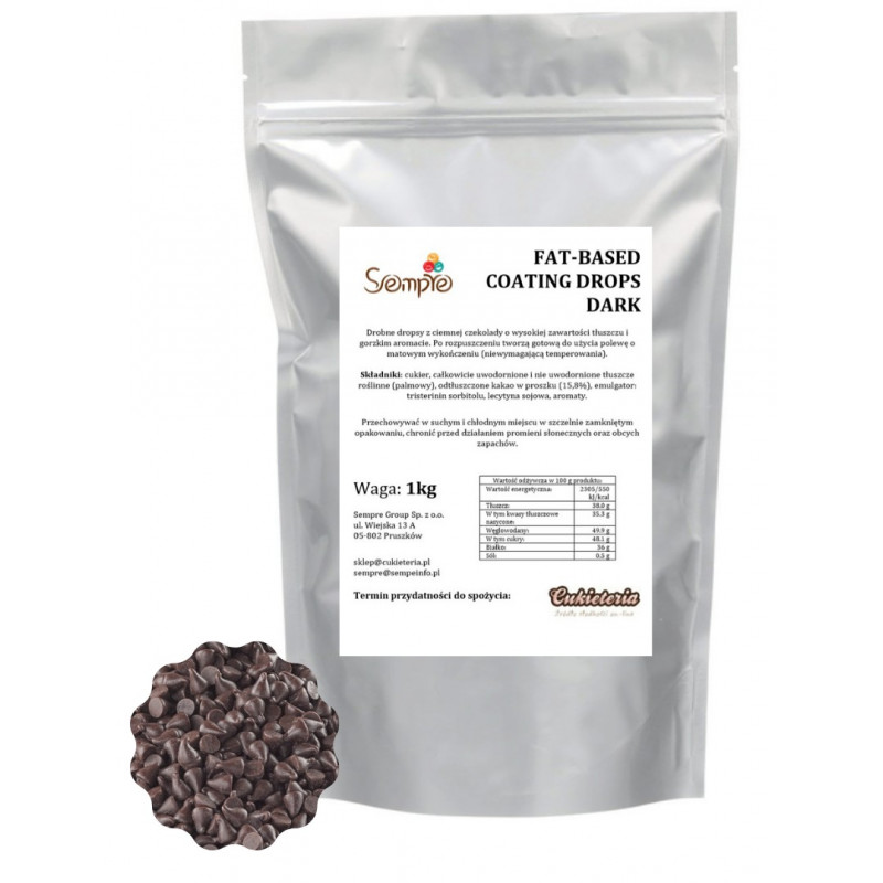 1kg FAT-BASED COATING DROPS DARK drobne dropsy z CIEMNEJ czekolady (polewa niewymagająca temperowania) Dawn 1kg FAT-BASED COATING DROPS DARK drobne dropsy z CIEMNEJ czekolady (polewa niewymagająca temperowania) Dawn