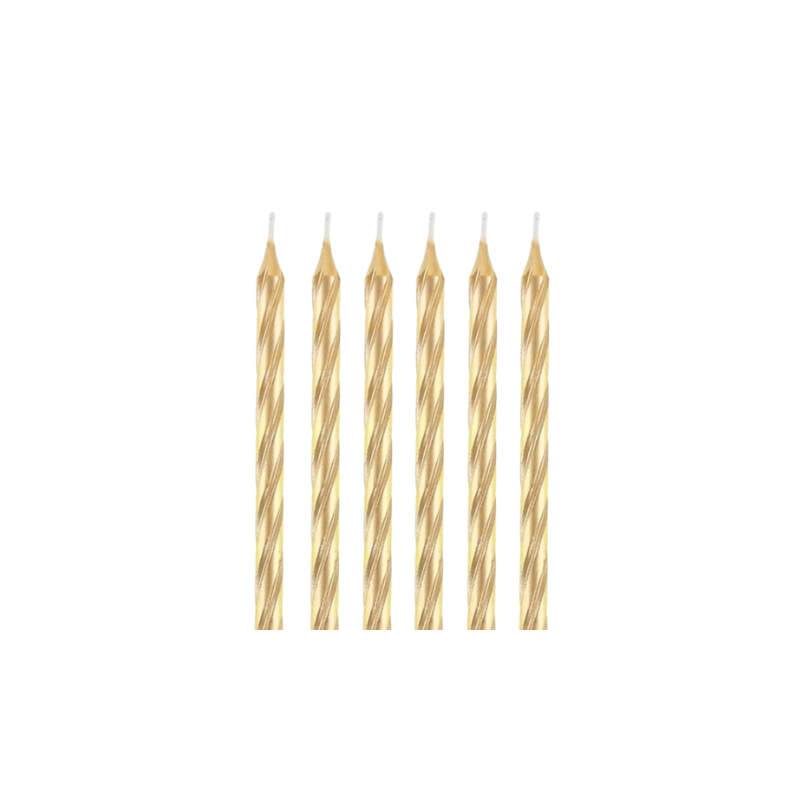 zestaw złotych świeczek z podstawkami idealnych do dekoracji tortów