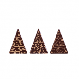 nowoczesna dekoracja czekoladowa w kształcie trójkątnych choinek ze złotym nadrukiem