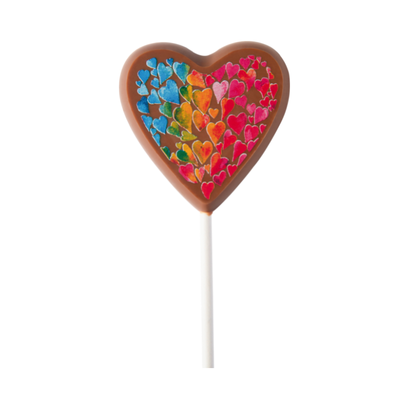 lizak w kształcie serca z mlecznej czekolady z kolorowym nadrukiem spożywczym