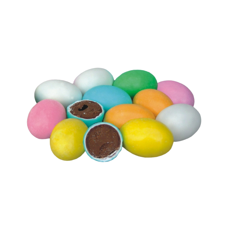 dekoracyjne cukrowe jajka w pastelowych kolorach z kremowym nadzieniem o smaku orzechowo-czekoladowym