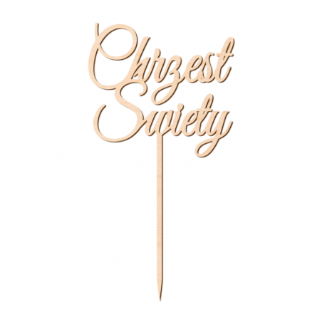 wyjątkowa dekoracja w naturalnym kolorze drewna idealna na tort z okazji chrztu świętego