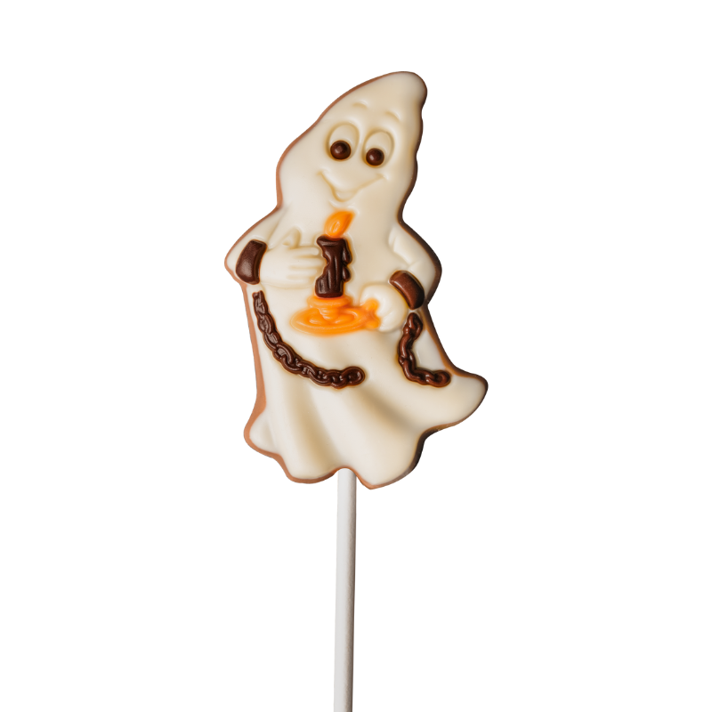 halloween'owy lizak w kształcie ducha z mlecznej czekolady halloween'owy lizak w kształcie ducha z mlecznej czekolady