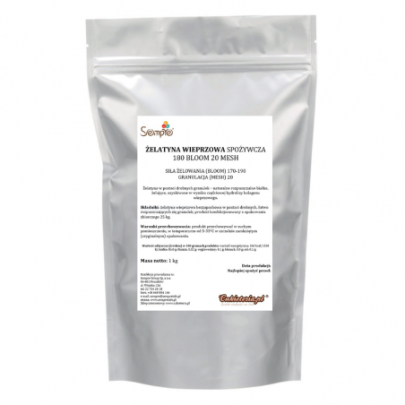 op. 1 kg ŻELATYNA WIEPRZOWA SPOŻYWCZA 180 BLOOM 20 MESH w postaci drobnych granulek