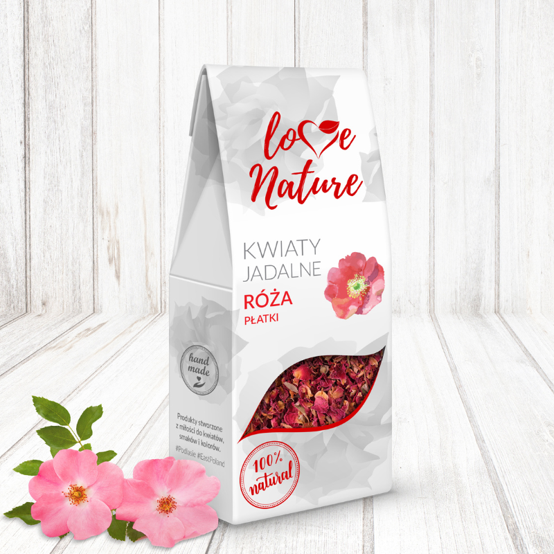 op. 20 g RÓŻA PŁATKI KWIATY JADALNE LOVE NATURE - suszone płatki kwiatów do dekoracji cukierniczych