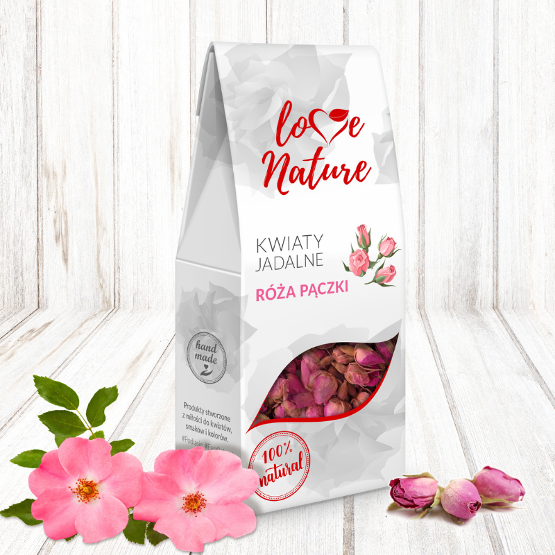 op. 20 g RÓŻA PĄCZKI KWIATY JADALNE LOVE NATURE - suszone pączki kwiatów do dekoracji cukierniczych