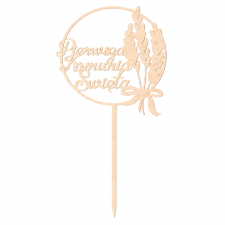 wyjątkowa dekoracja w naturalnym kolorze drewna idealna na tort z okazji pierwszej komunii