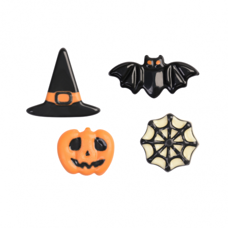 72 szt. KIT HALLOWEEN 78021 MODECOR zestaw dekoracji z barwionej białej czekolady - dynia + kapelusz + nietoperz + pajęczyna
