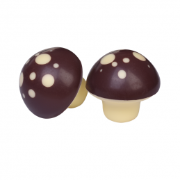 trójwymiarowa dekoracja z białej czekolady w kształcie grzybów