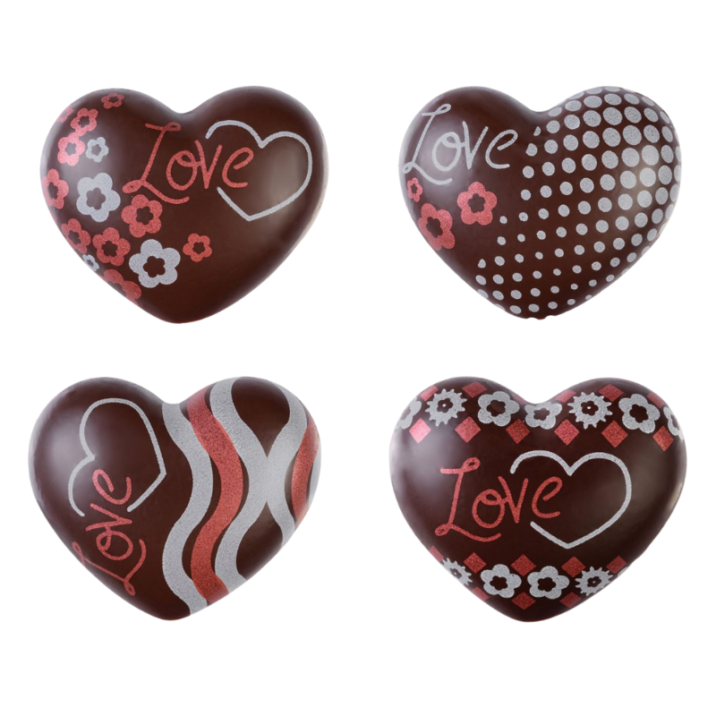 zestaw walentynkowych dekoracji z jadalnym nadrukiem - wypukłe serca z ciemnej czekolady