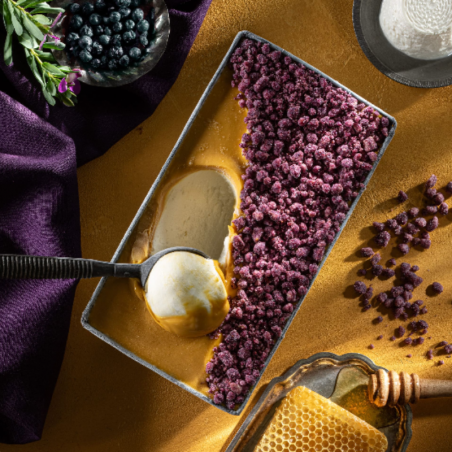 zestaw do kompleksowej produkcji lodów o smaku sera Ricotta z kremem miodowym i kruszonką z owocami mirtu