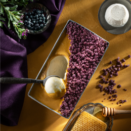 zestaw do kompleksowej produkcji lodów o smaku sera Ricotta z kremem miodowym i kruszonką z owocami mirtu