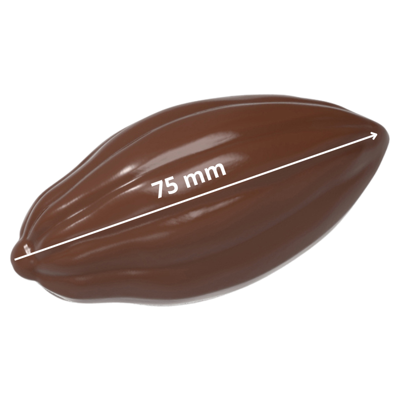 forma z poliwęglanu do pralin w kształcie ziarna kakaowca o długości 75 mm
