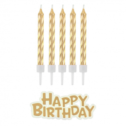 zestaw złotych świeczek na tort urodzinowy z napisem happy birthday