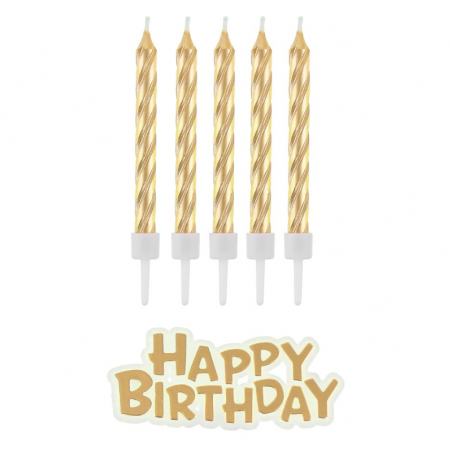 zestaw złotych świeczek na tort urodzinowy z napisem happy birthday