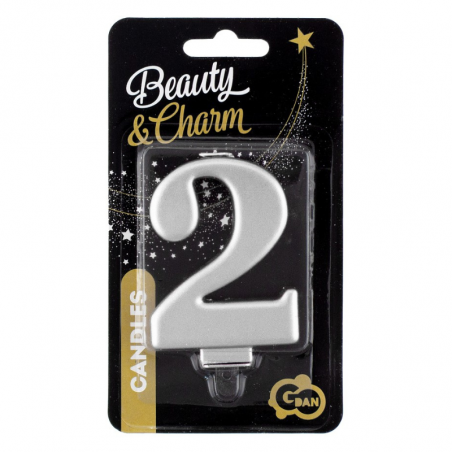 srebrna świeczka urodzinowa cyfra 2 na tort w stylu glamour
