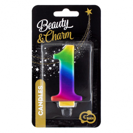 metaliczna tęczowa świeczka urodzinowa - cyfra 1 -galaxy godan