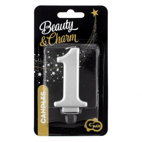 srebrna świeczka urodzinowa cyfra 1 na tort w stylu glamour