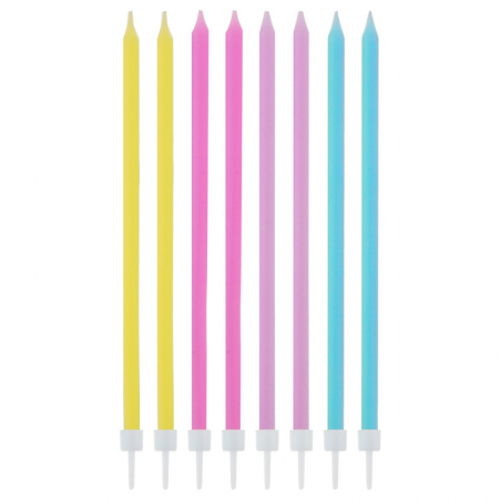 długie świeczki urodzinowe na tort w pastelowych kolorach