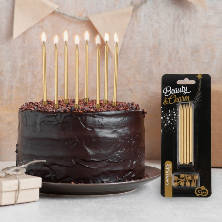 długie eleganckie złote świeczki na tort urodzinowy