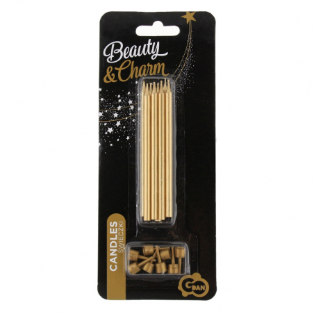 długie eleganckie złote świeczki na tort urodzinowy