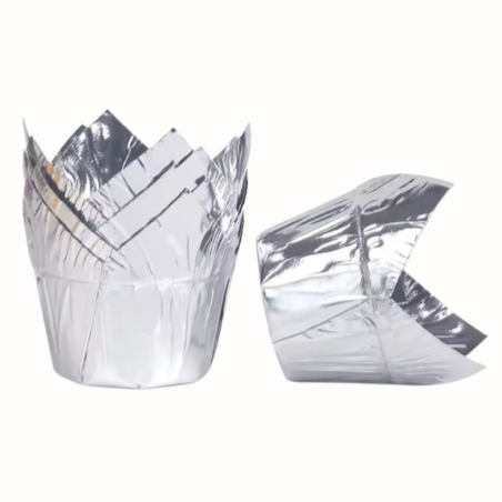 op. 100 szt. śr. 52 x wys. 70 mm - Srebrna papilotka Tulipan - Cukieteria.pl