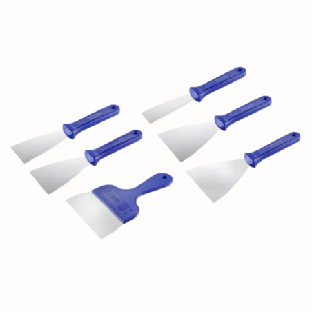 Stalowa szpachla cukiernicza z niebieskim uchwytem z tworzywa - dł. 24.5 x szer. 10 cm - nr. kat. 68687 Thermohauser