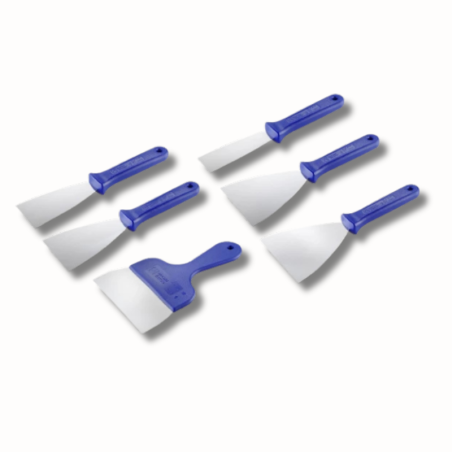 Stalowa szpachla cukiernicza z niebieskim uchwytem z tworzywa - dł. 24.5 x szer. 10 cm - nr. kat. 68687 Thermohauser