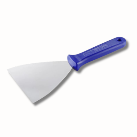 Stalowa szpachla cukiernicza z niebieskim uchwytem z tworzywa - dł. 24.5 x szer. 12 cm - nr. kat. 68695 Thermohauser