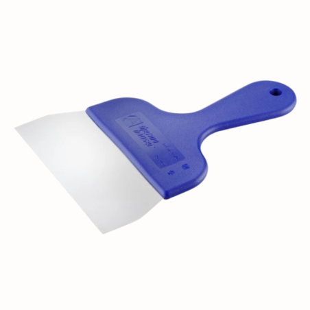Stalowa szpachla cukiernicza z niebieskim uchwytem z tworzywa - dł. 24.5 x szer. 15 cm - nr. kat. 68705 Thermohauser