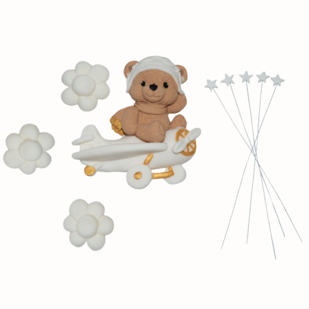 op. 9 szt. Miś w Samolocie - tematyczny zestaw dekoracji cukrowych do tortu - Ditarte Dekoracje Cukiernicze - Cukieteria.pl