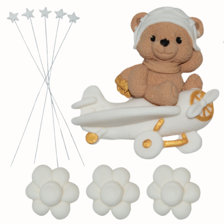 op. 9 szt. Miś w Samolocie - tematyczny zestaw dekoracji cukrowych do tortu - Ditarte Dekoracje Cukiernicze - Cukieteria.pl