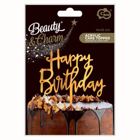 Złoty Topper - Happy Birthday - akrylowa dekoracja na tort - wys. 14 x szer. 10 cm - PF-DAKH GoDan - Cukieteria.pl