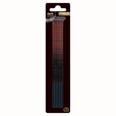 op. 6 szt. Czarne świeczki urodzinowe z czerwonym brokatem - efekt ombre - dł. 17 cm - Cukieteria.pl