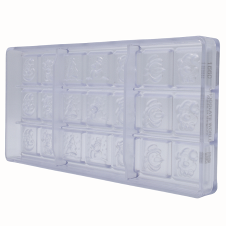 CW1660 CZEKOLADKI ŚWIĄTECZNE CHOCOLATE WORLD - forma z poliwęglanu do czekoladek - dł. 31 x wys. 10 mm / poj. 9 g x 21 pralin