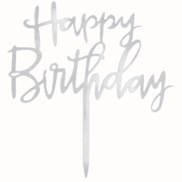 Srebrny Topper - Happy Birthday - akrylowa dekoracja na tort - wys. 14 x szer. 12.5 cm