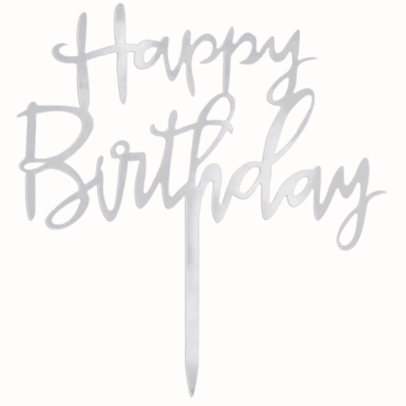 Srebrny Topper - Happy Birthday - akrylowa dekoracja na tort - wys. 14 x szer. 12.5 cm Srebrny Topper - Happy Birthday - akrylowa dekoracja na tort - wys. 14 x szer. 12.5 cm