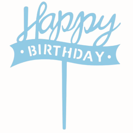 Błękitny Topper - Happy Birthday z szarfą - akrylowa dekoracja na tort - wys. 14 x szer. 12 cm
