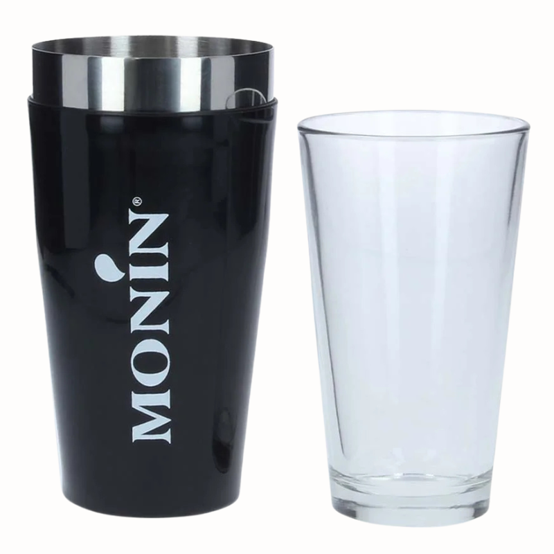 Czarny Shaker Boston - Monin - dwuczęściowy zestaw - kubek z powłoką winylową i szklanica barmańska Czarny Shaker Boston - Monin - dwuczęściowy zestaw - kubek z powłoką winylową i szklanica barmańska