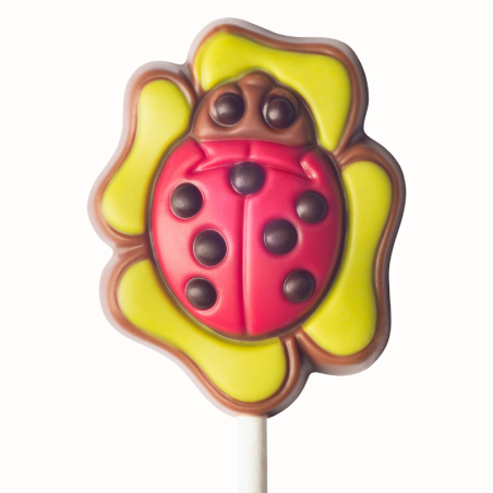 op. 15 g - Biedronka na liściu koniczyny - dekoracyjny lizak z mlecznej czekolady - dł. 150 mm