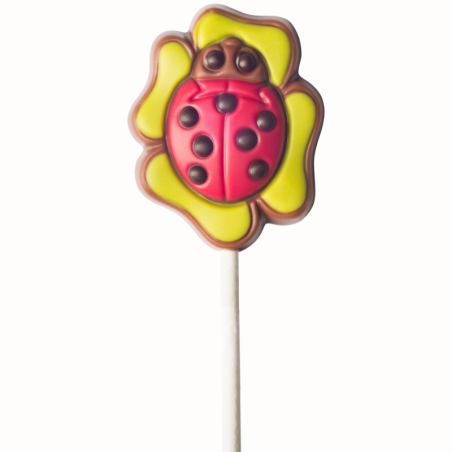 op. 15 g - Biedronka na liściu koniczyny - dekoracyjny lizak z mlecznej czekolady - dł. 150 mm