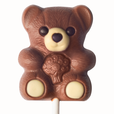 op. 15 g - Pluszowy miś - walentynkowy lizak z mlecznej czekolady - dł. 150 mm