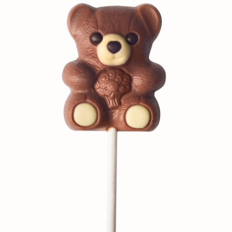 op. 15 g - Pluszowy miś - walentynkowy lizak z mlecznej czekolady - dł. 150 mm