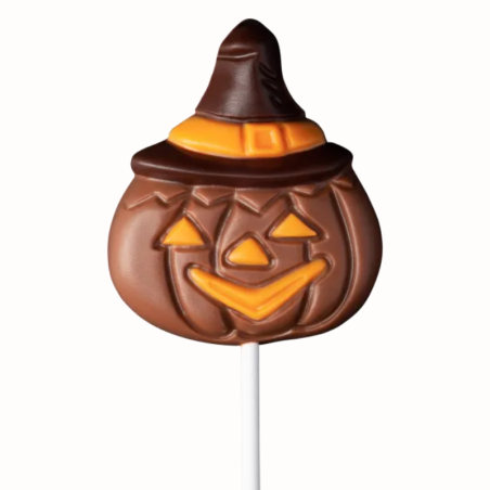 op. 35 g - Dynia w kapeluszu - dekoracyjny lizak z mlecznej czekolady na Halloween - dł. 160 x szer. 60 mm