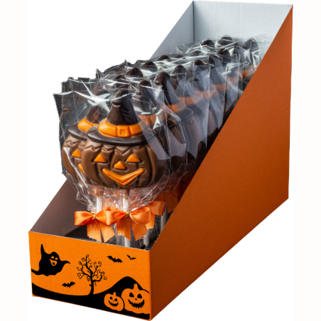 op. 35 g - Dynia w kapeluszu - dekoracyjny lizak z mlecznej czekolady na Halloween - dł. 160 x szer. 60 mm