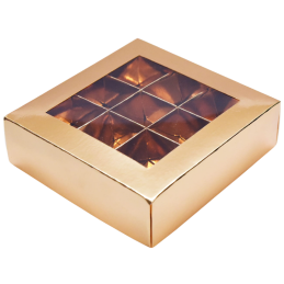 1 szt. Złote pudełko na praliny - dł. 140 x szer. 140 x wys. 40 mm - dekoracyjne opakowanie z okienkiem